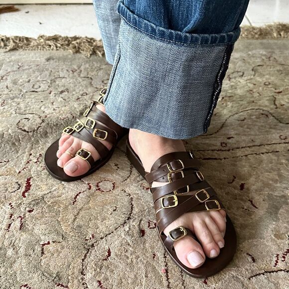 Society for Rational Dress. Buckle up! Brown leather flats with gold hardware. - Picture 2 of 5